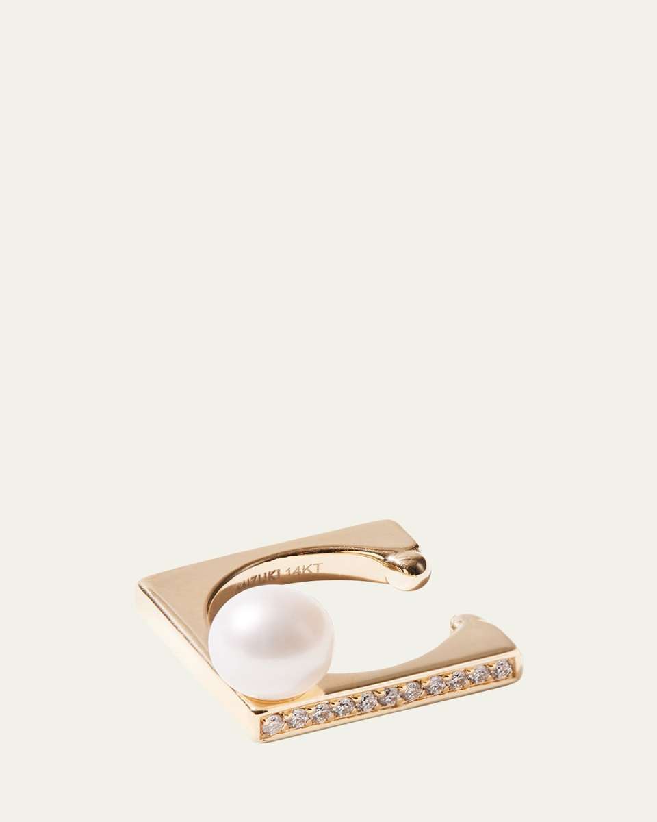 14K Yellow Gold 1 Row Diamond Cube Ear Cuff with Pearl, Single